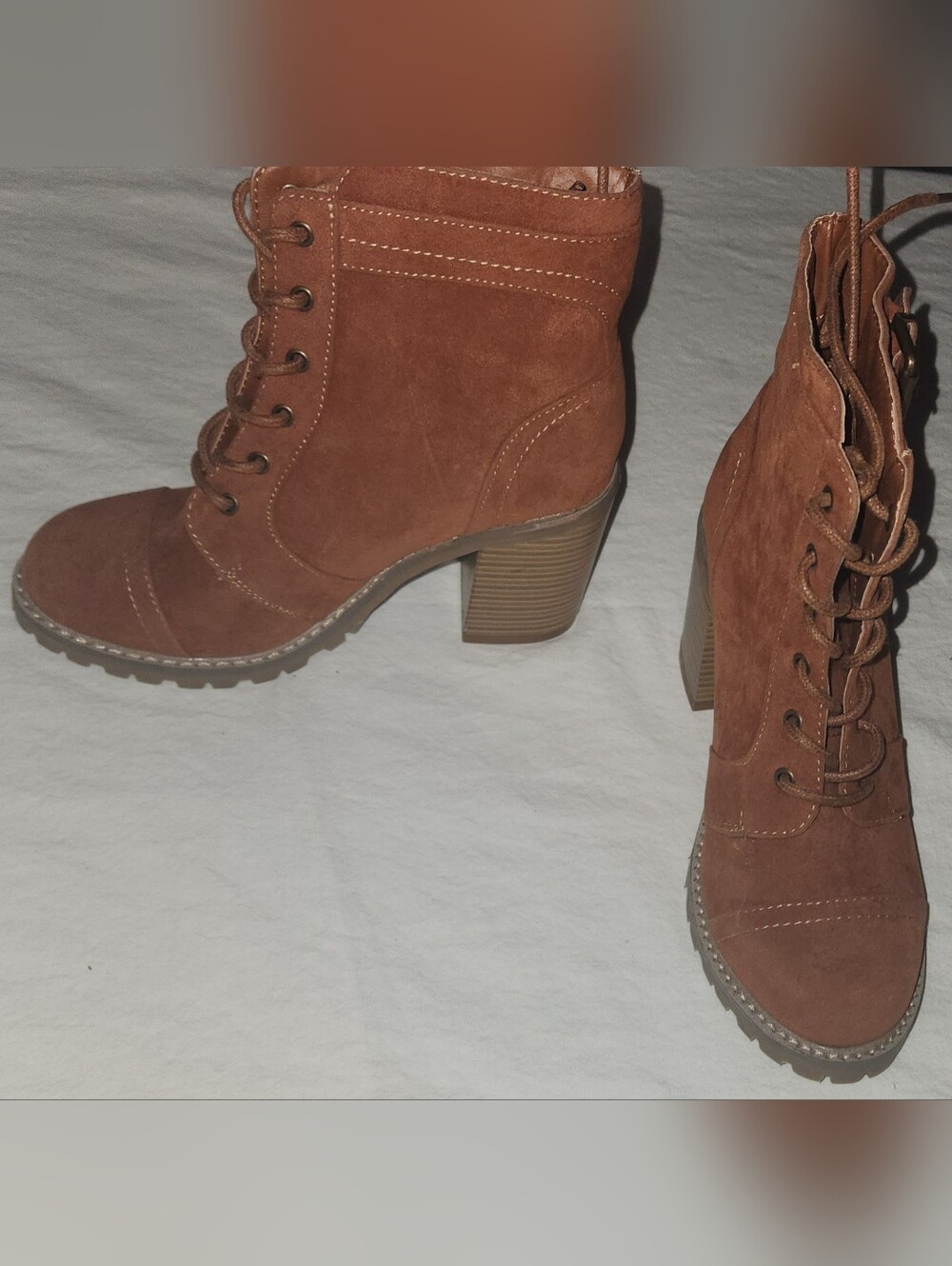 Shoe Dazzle Brown Lace-Up With Side Strap Faux Suede Ankle Boots Size 6.5